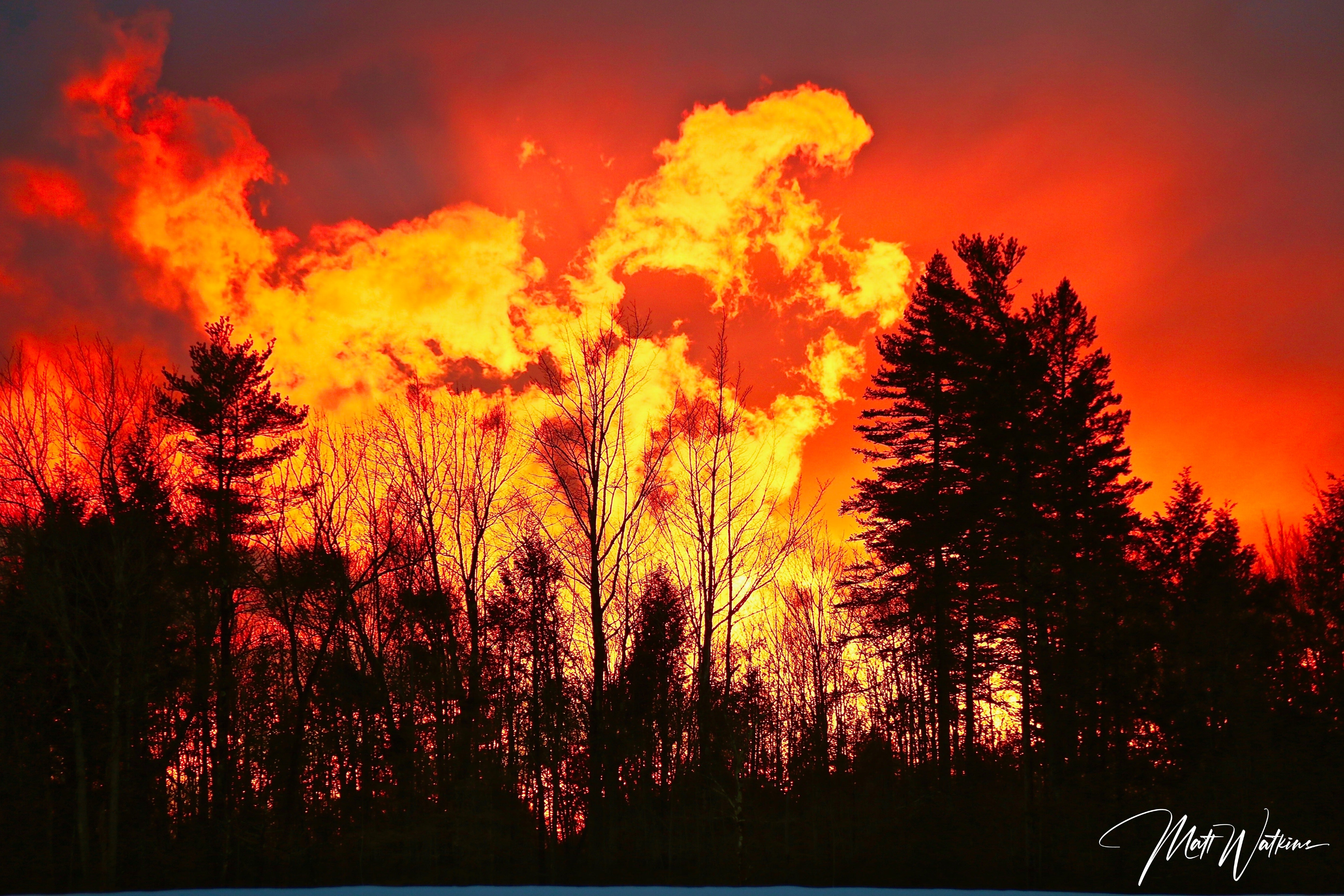 Fiery sunset in small Maine town.