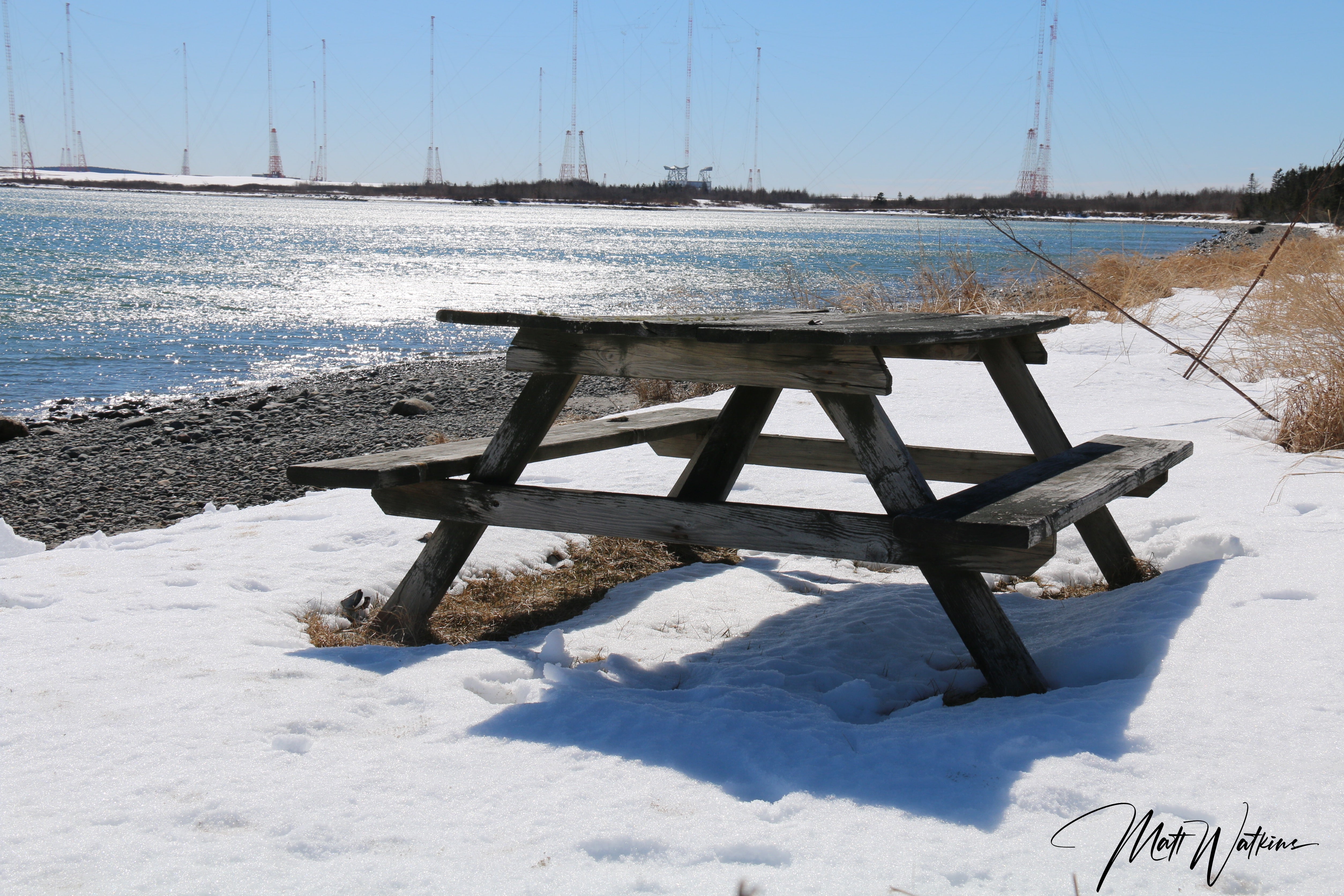 Cutler, Maine picnic table with winter setting