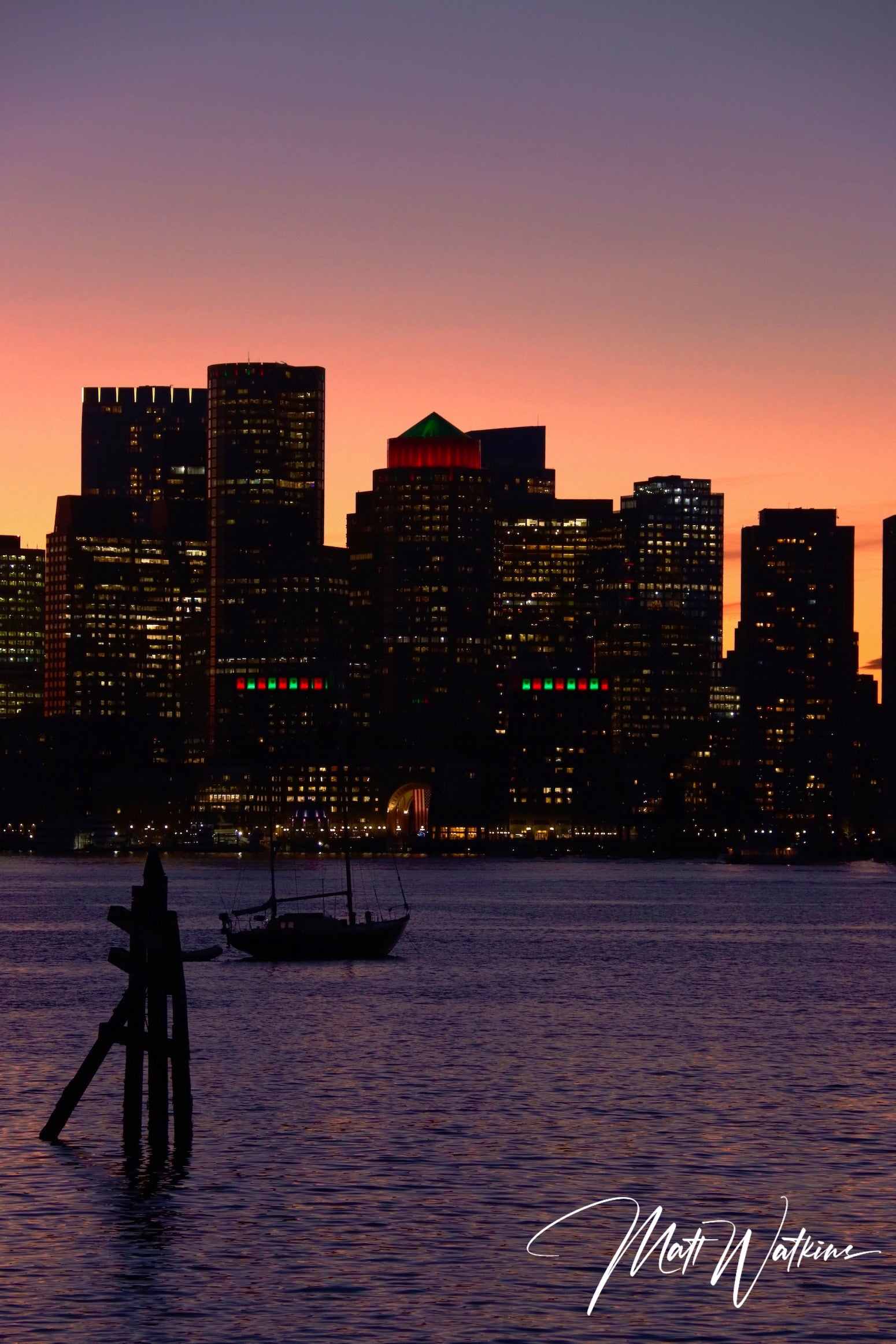 Cityscape of Boston, Massachusetts at sunset