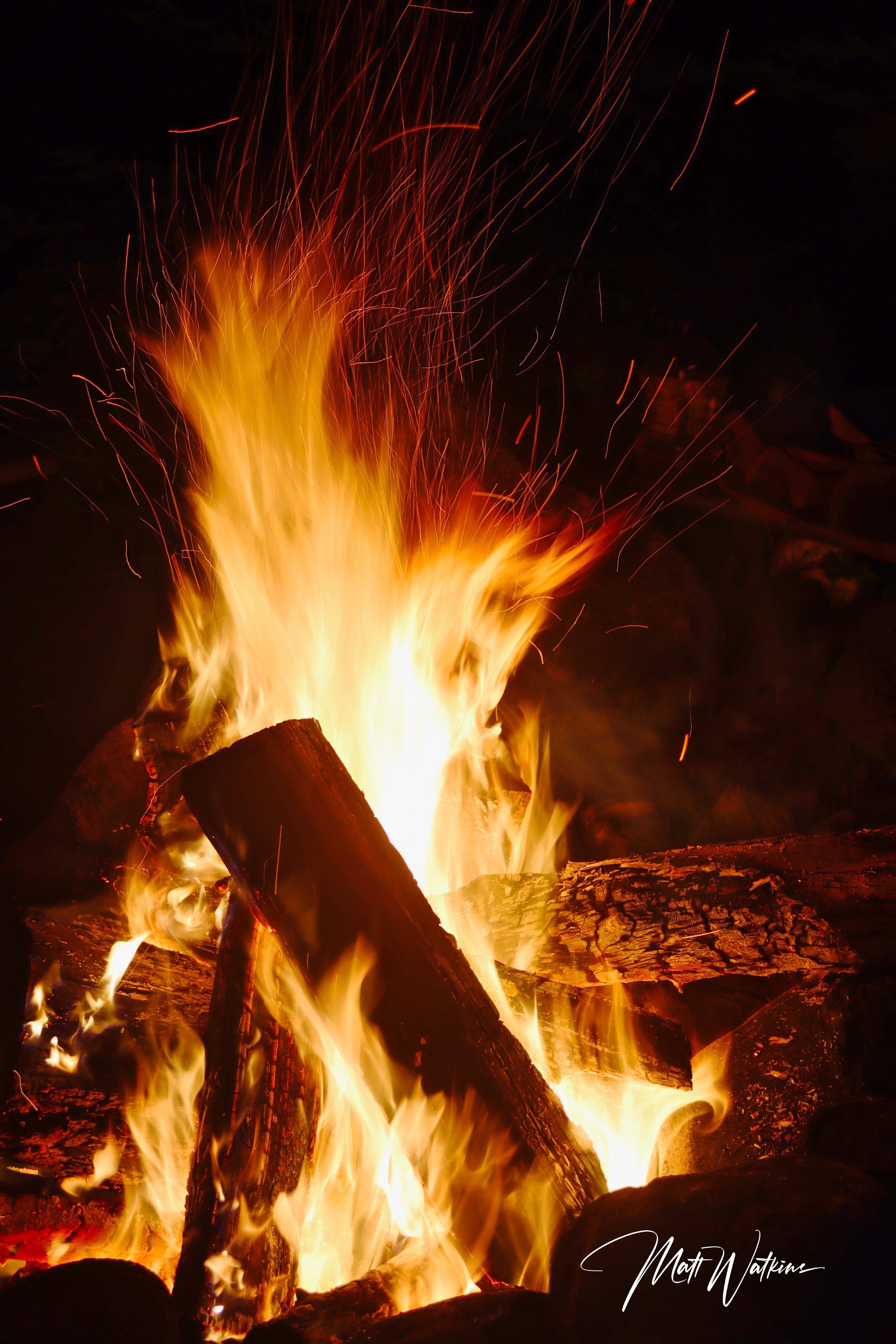 Crackling camp fire, Cutler, Maine